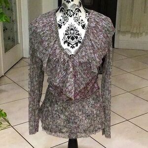 INC Women Blouse Green Size Medium M Ruffle Metallic Floral Long Sleeve